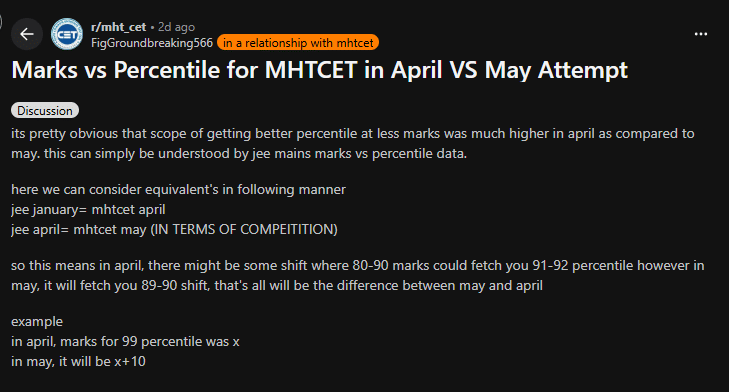 Reddit Discussion on MHT CET Marks vs Percentile 