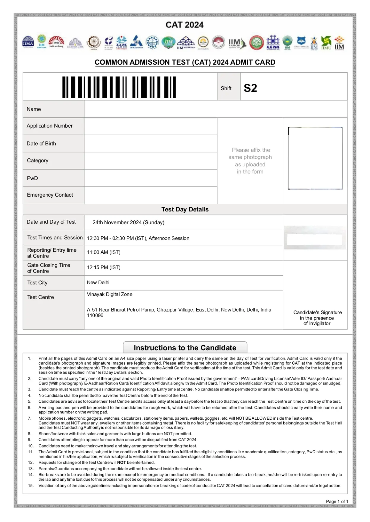 CAT Admit Card Sample