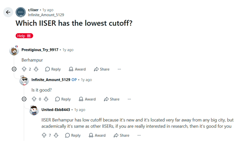 IISER Cutoff Marks: Reddit Discussion