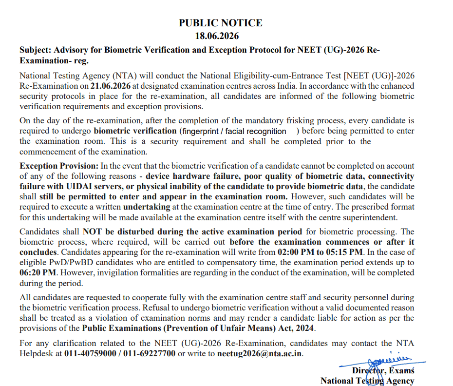 Biometric Verification and Security As Per NTA NEET UG Exam Advisory