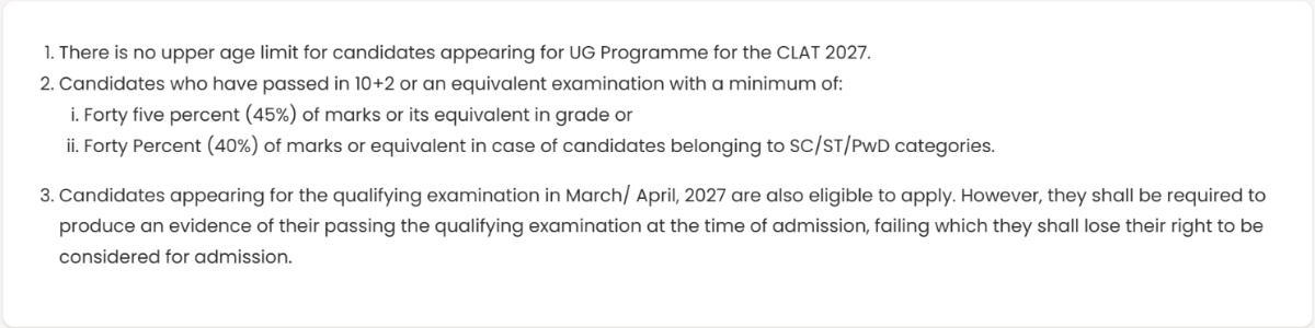 CLAT Eligibility Criteria for UG (5-year integrated LLB) program: