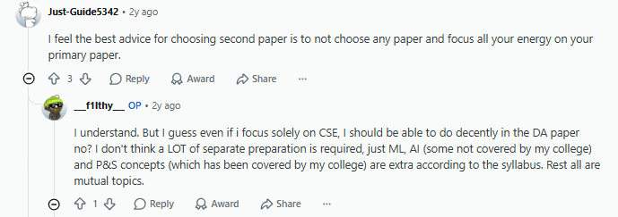 What do students suggest for the GATE Paper 2 Combination? — Reddit Discussion