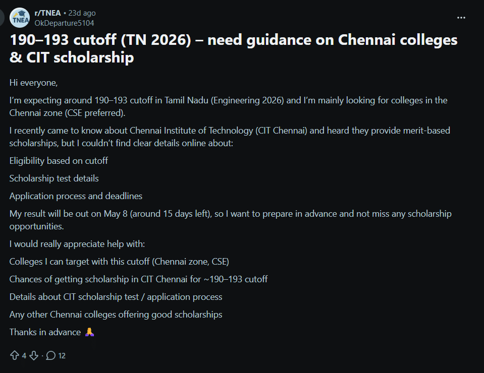 TNEA Colleges for Cutoff Marks Between 160 to 200 : Reddit Discussion