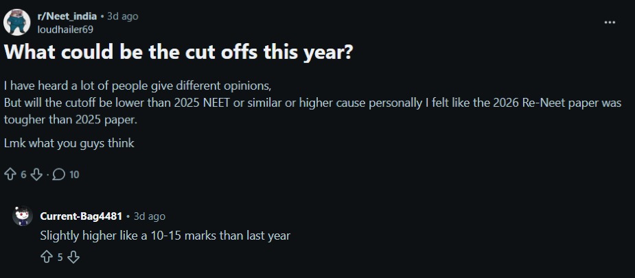 NEET UG 2026 Expected Cutoff Marks: Reddit Discussion