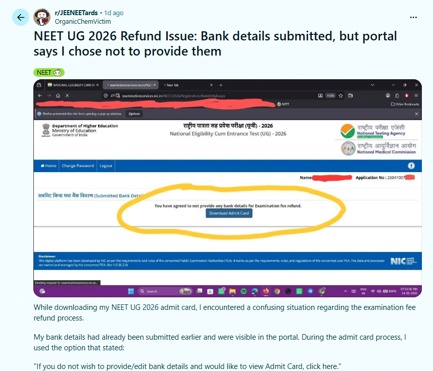 NEET 2026 Re-Exam Refund Update: Reddit