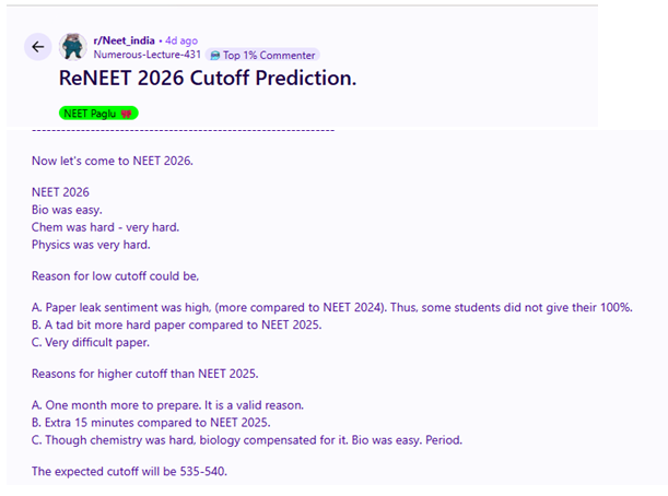 NEET 2026 Category-wise Cutoff: Reddit Discussion 