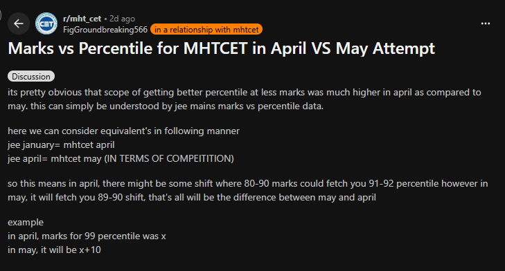 Reddit Discussion on MHT CET Marks vs Percentile 