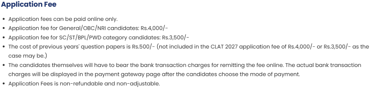 CLAT PG Application Fee 2027