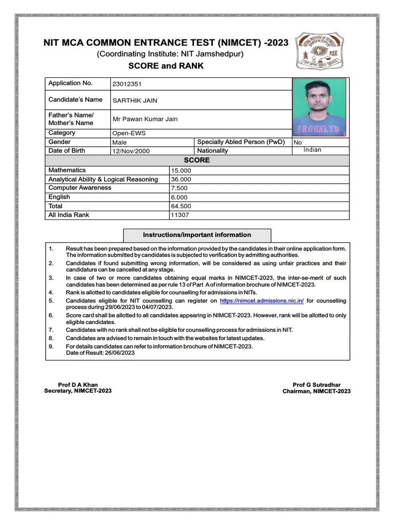 Details on NIMCET 2026 Scorecard / Rank Card