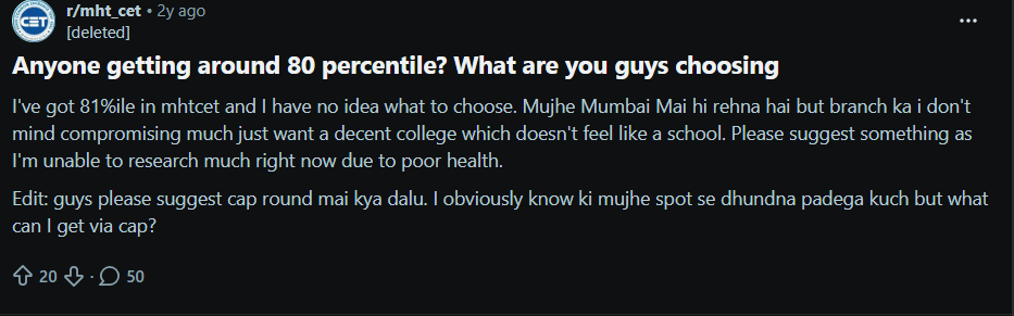 Reddit Discussion on 80 Percentile in MHT CET in PCM