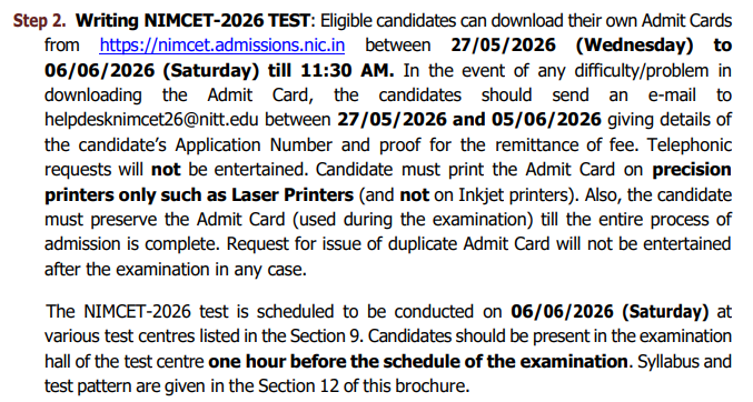 NIMCET Exam Date 2027: Admit Card Release Date