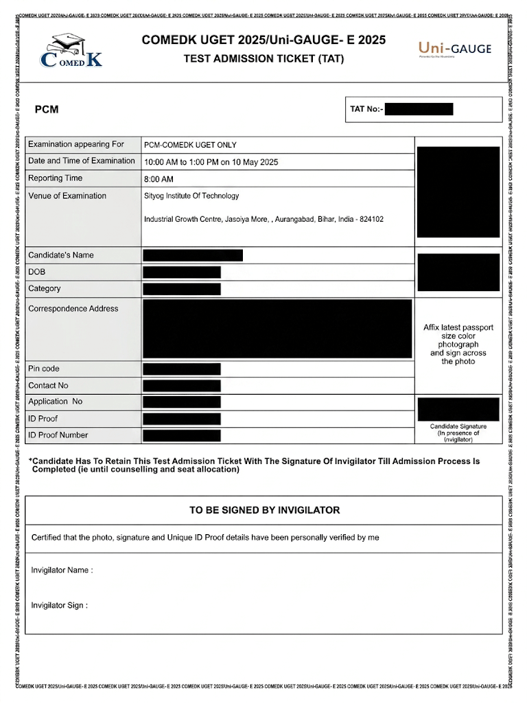 COMEDK UGET Admit Card Sample Image