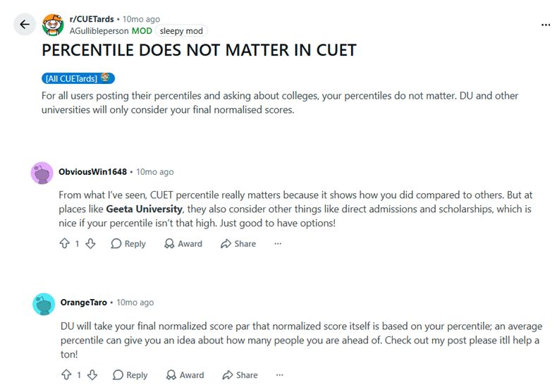 CUET 2026 Marks vs Percentile & Rank: Reddit Discussions 