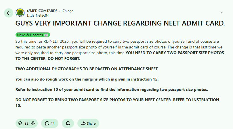 NTA NEET UG Exam Advisory: Reddit Discussion
