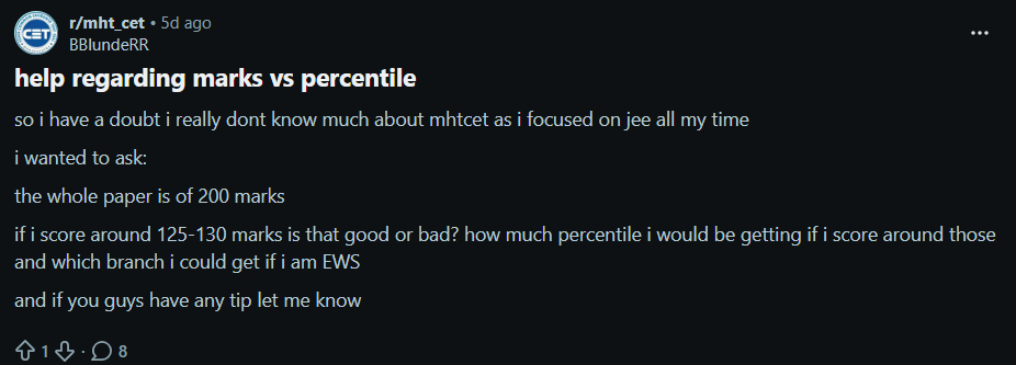 Reddit Discussion on MHT CET Marks vs Percentile