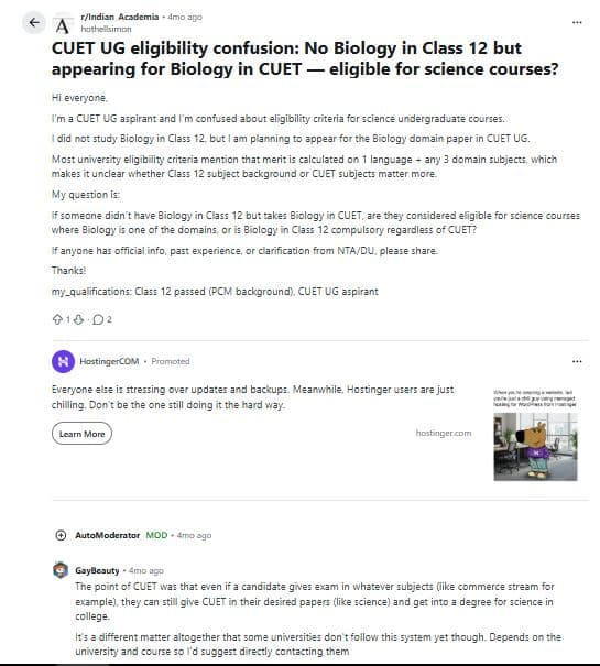 CUET 2026 Biology Test Marks vs Percentile Expected: Reddit Discussions