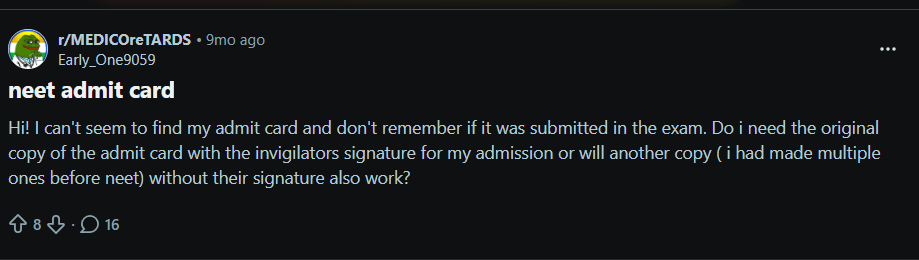 Reddit Discussion about NEET Admit Card