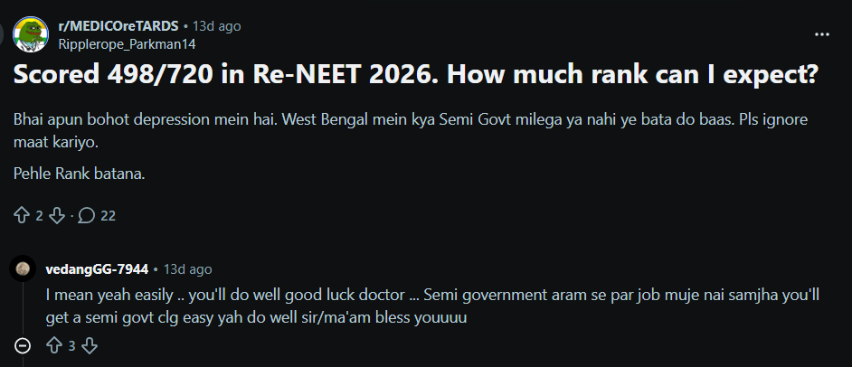 NEET UG 2026 Marks vs Expected Rank: Reddit Discussion