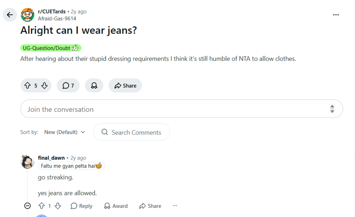 Can I Wear Jeans in CUET Exam?: Reddit Discussions