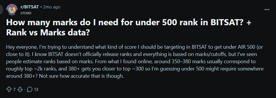 BITSAT 2026 May 26 Slot 1 Marks vs Rank : Reddit Discussion