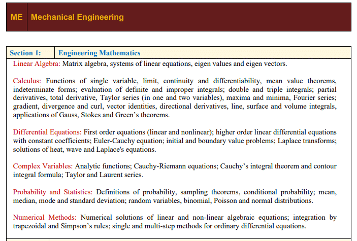 GATE ME Engineering Mathematics Syllabus 2027