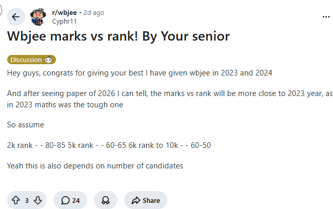 WBJEE 2026 Expected Rank for 100 Marks: Reddit Discussion