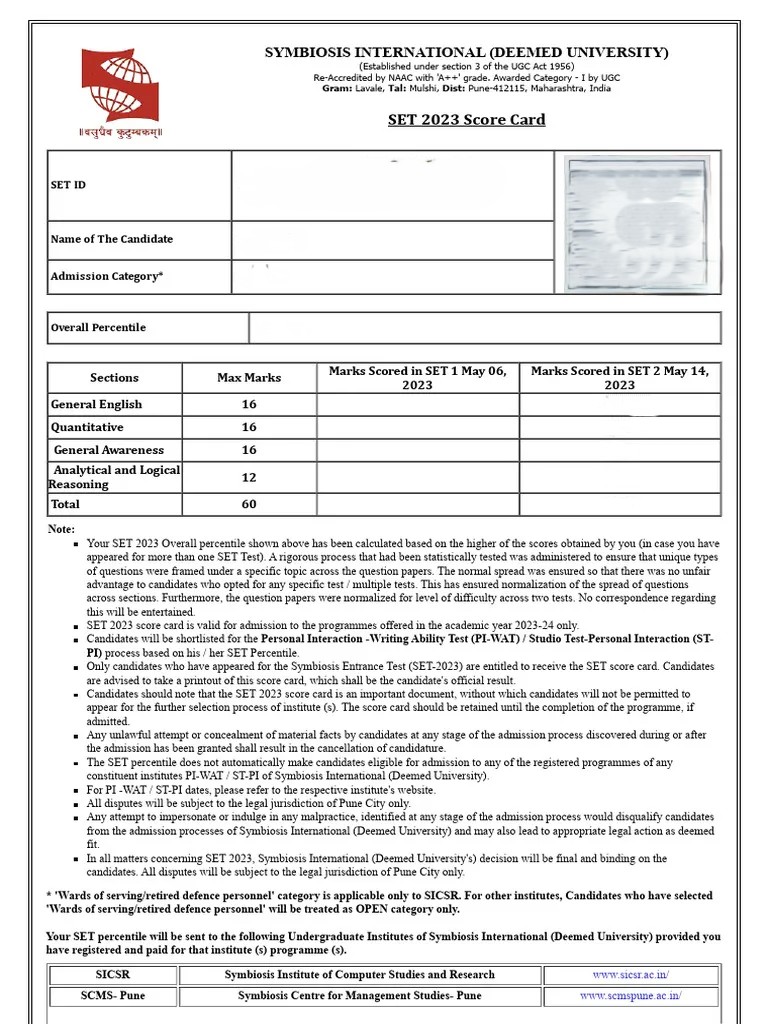Details Mentioned on SET Exam 2027 Scorecard