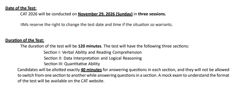 CAT 2026 Exam Time and Slot Timings