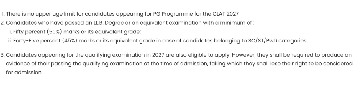 CLAT Eligibility Criteria for PG (1-year LLM) program: