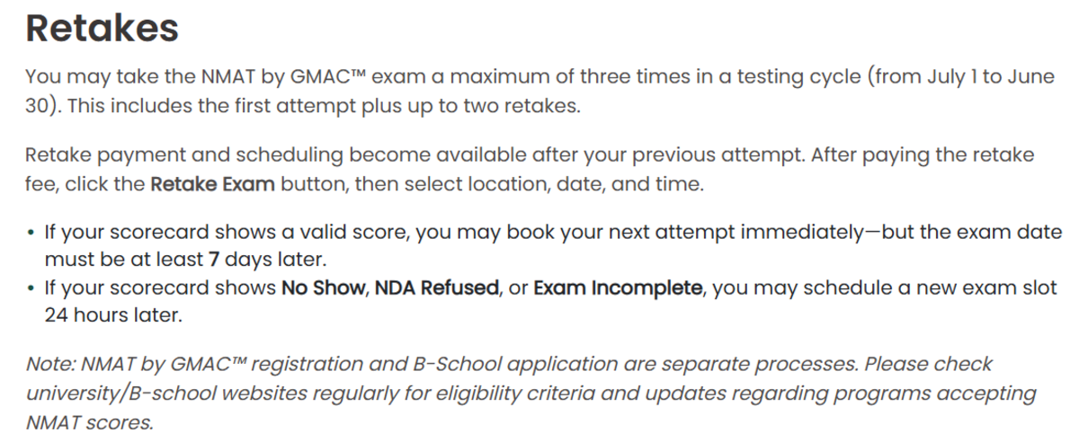 previous years NMAT retake process