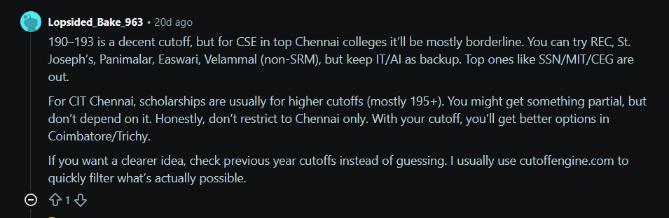 TNEA Colleges for Cutoff Marks Between 160 to 200 : Reddit Discussion
