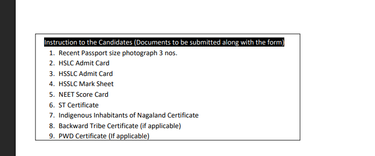 Nagaland NEET UG Counselling Documents Required