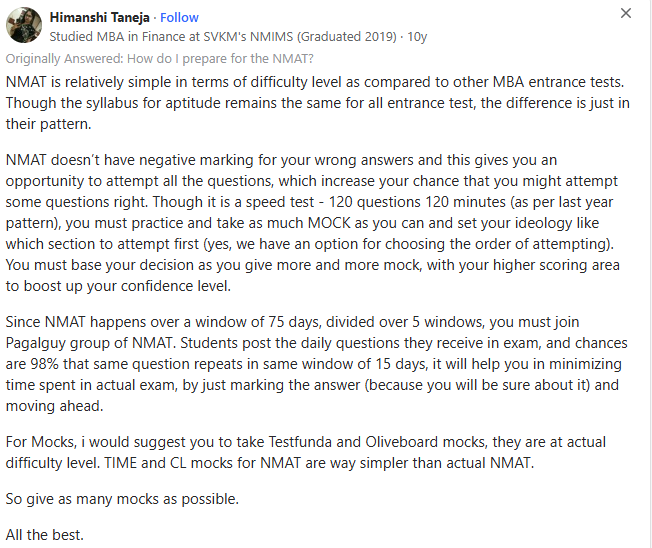 A Quora user asked about a 30-day preparation strategy for NMAT.