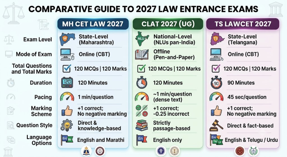 MH CET Law Exam Pattern vs. CLAT vs. TS LAWCET Exam Pattern 2027