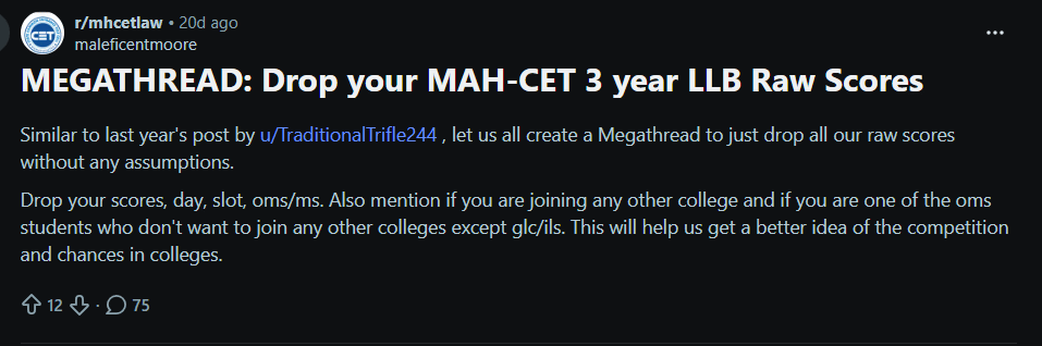 MH CET LLB 2026 Percentile vs Marks : Reddit Discussion