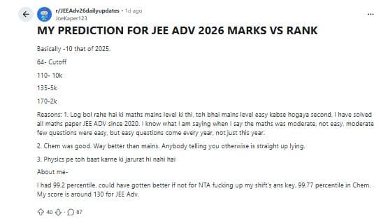 JEE Advanced Last 5 Years Marks vs Rank : Reddit Discussions