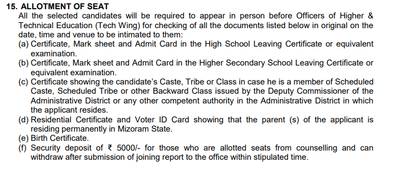 Mizoram NEET Counselling Documents Required 2026