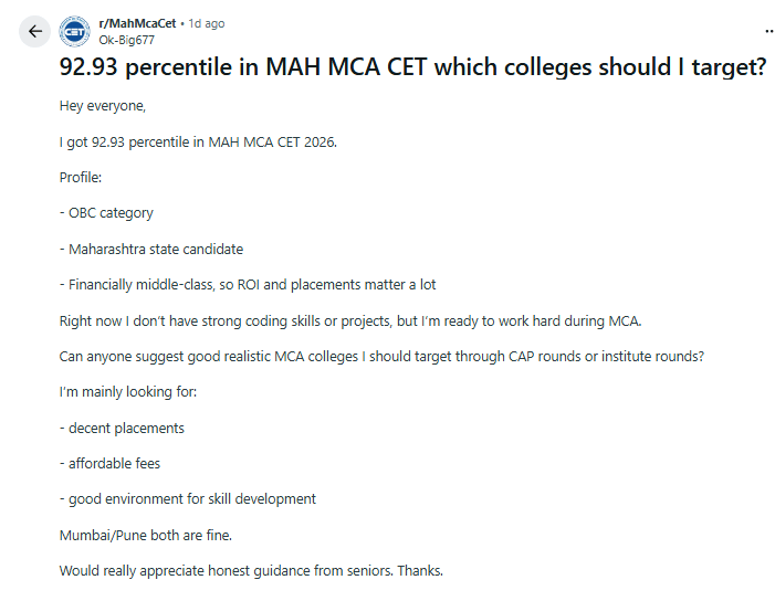 MAH MCA CET 2026 Expected Cutoff: Reddit Discussions