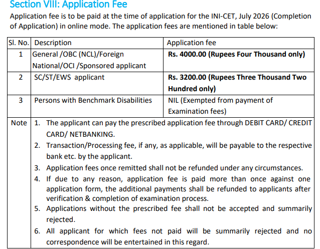INI CET 2027 Application Fee