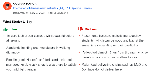 IMI Delhi Student Review