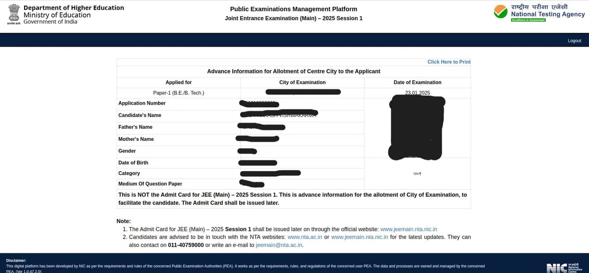 JEE Main City Intimation Sample