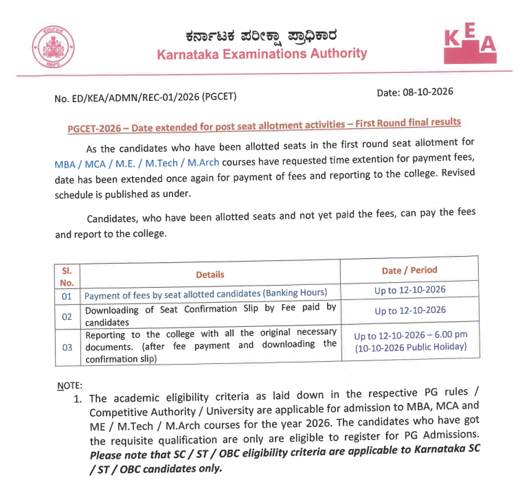 Karnataka PGCET 2026 Round 1 Revised Important Dates