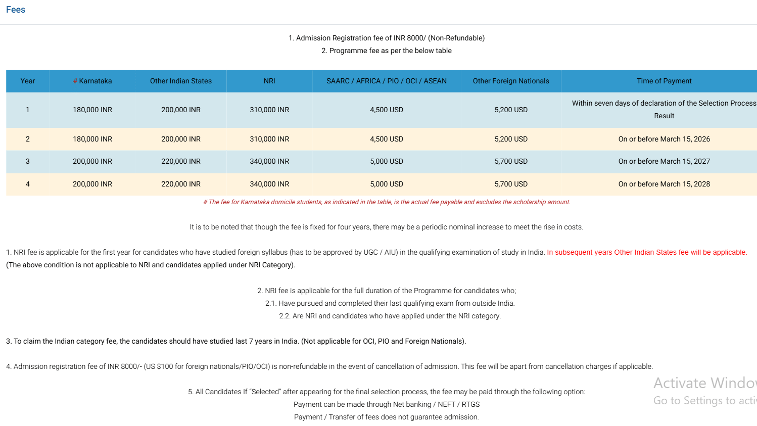 Fee Structure 2026 (As per website)-