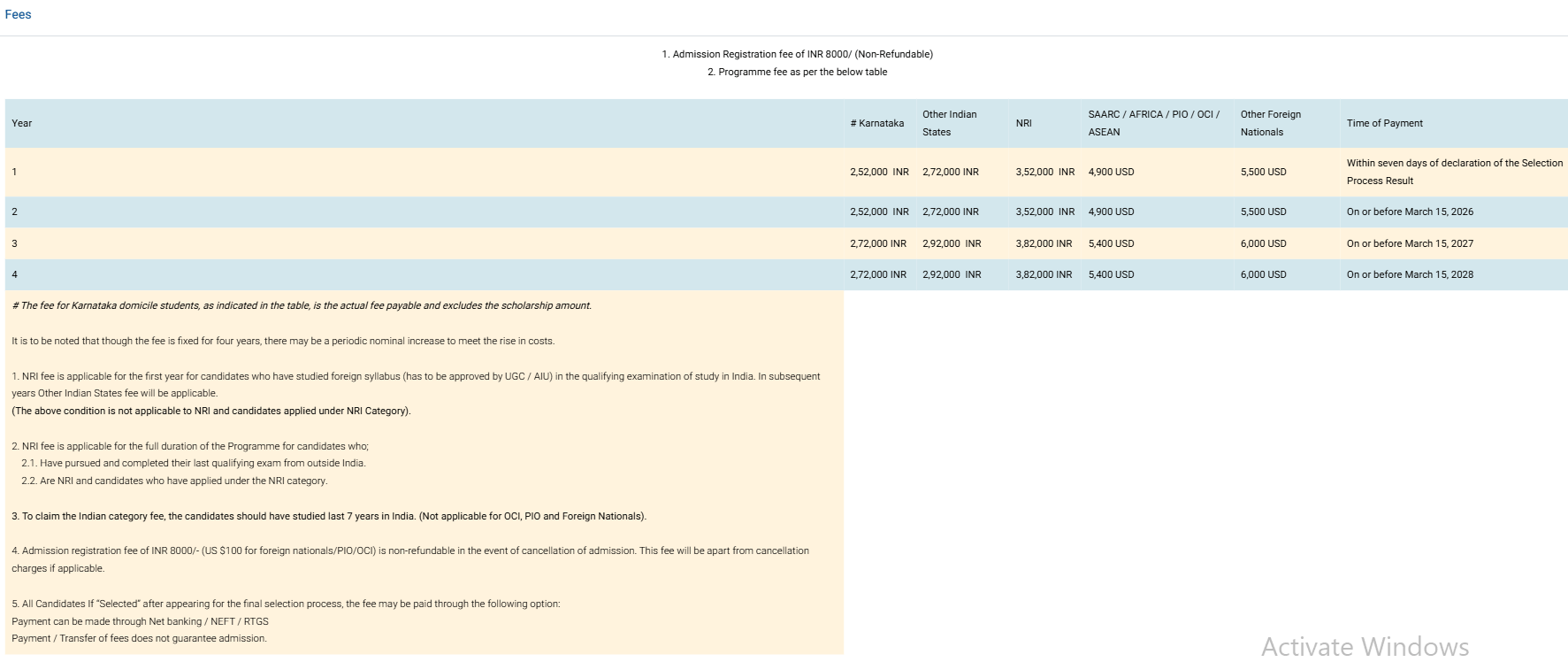 Fee Structure 2026 (As per website)-