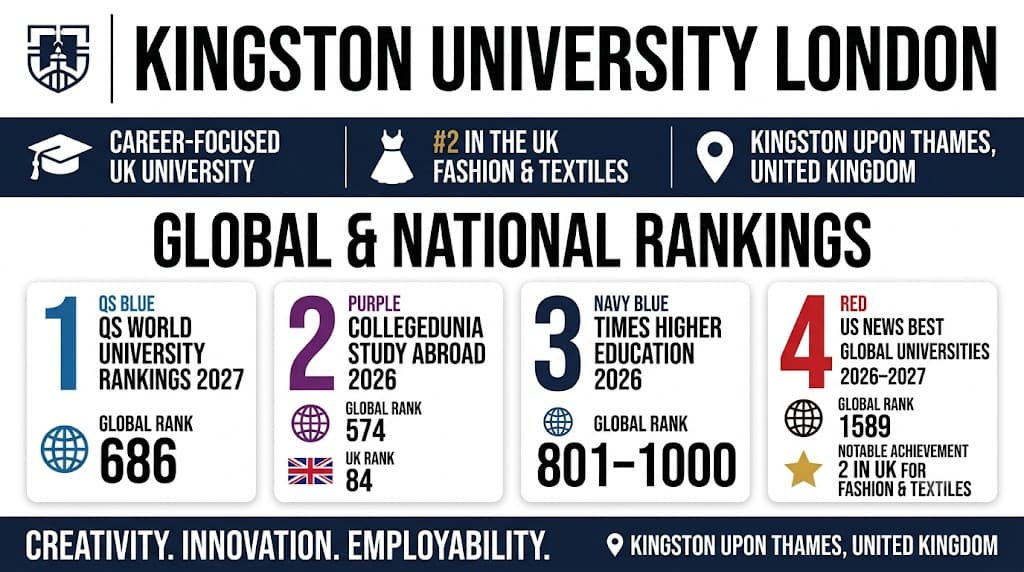 Here is the descriptive alt text for the infographic image watermarked_img_6254078377195751579.png:  Alt Text: A premium, professional 16:9 landscape university ranking infographic poster for Kingston University London, set against a clean white background with bold typography and dark navy accents.  Header Section: Features a dark navy academic shield crest logo placeholder on the left, separated by a vertical line from the large, bold, all-caps title reading 