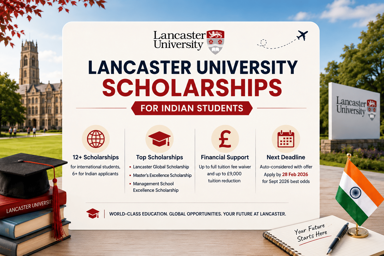 Lancaster University offers 12+ scholarships for international students, with 6+ directly accessible to Indian applicants. The flagship is the Lancaster Global Scholarship, a full tuition fee waiver for PG taught applicants with a first-class Bachelor's. The Master's Excellence Scholarship offers up to £9,000 (₹11.61 Lakhs), and the Management School Excellence Scholarship gives up to a 20% tuition reduction for international students. Standard PG taught tuition (international): £26,500 to £33,048 (₹34.19 to ₹42.63 Lakhs) PG tuition with Lancaster Global Scholarship: Nil (full waiver, ~₹30 to ₹40 Lakhs saved) PG tuition with Master's Excellence Scholarship: Standard tuition minus £9,000 (₹11.61 Lakhs) Next major scholarship deadline: Auto-considered with offer (apply by 28 February 2026 for Sept 2026 best odds)