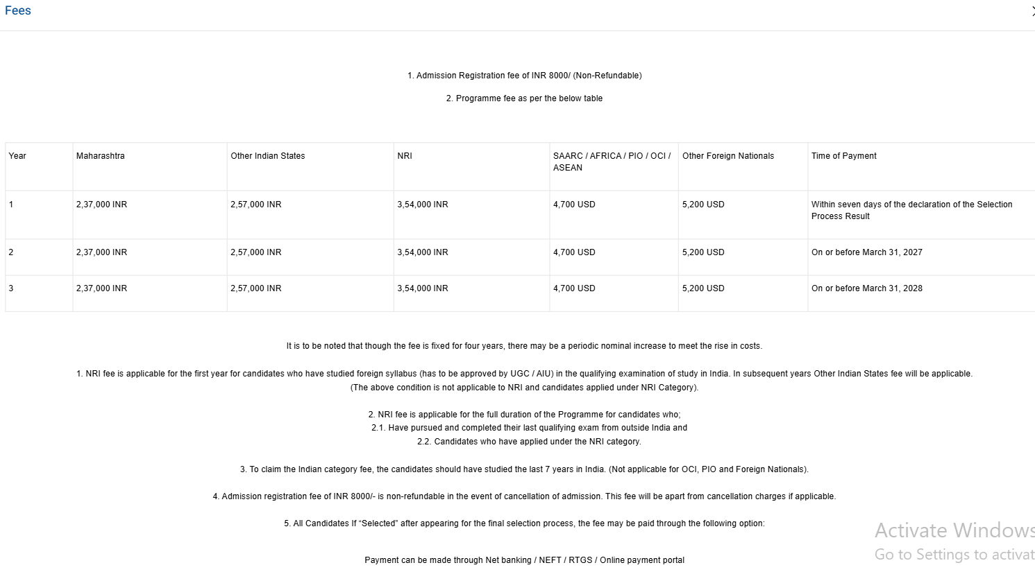 Fees structure 2026 (As per website)-