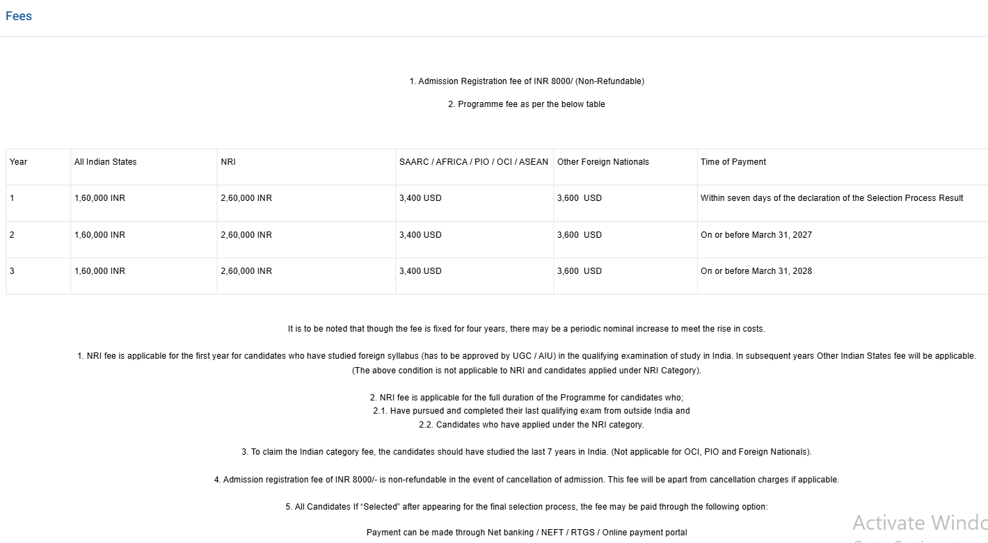 Fee Structure 2026 (as per website)- 