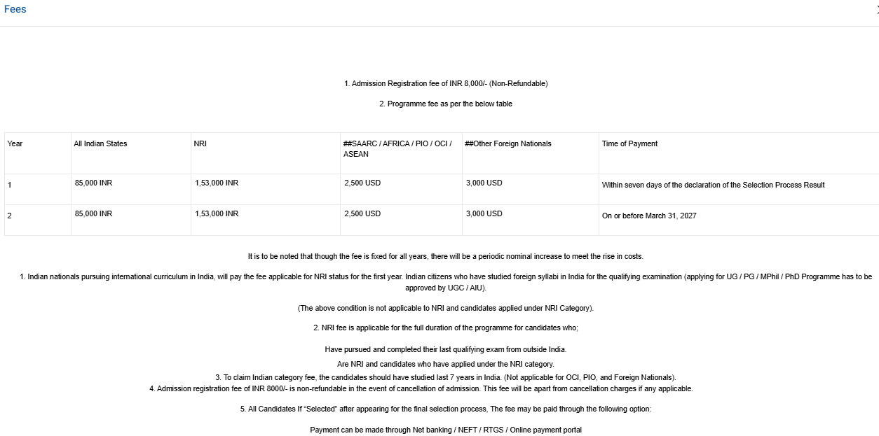 Fee Structure 2026 (As per official website)-