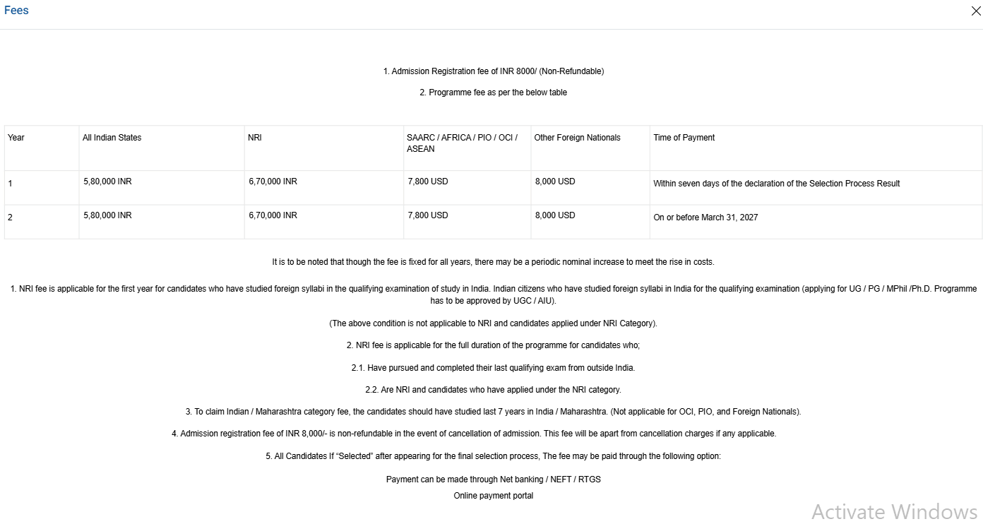 Fee Structure 2026 (As per official website)-